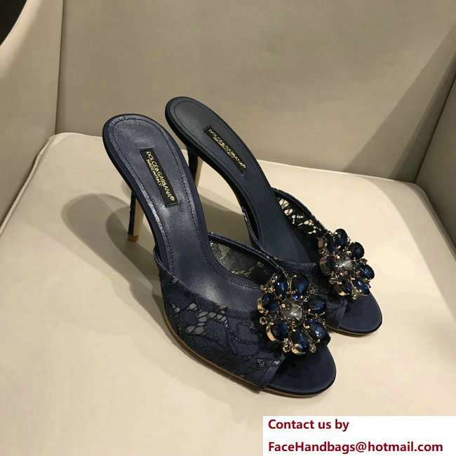 Dolce  &  Gabbana Heel 7cm Slippers Dark Blue In Lace With Crystals 2018